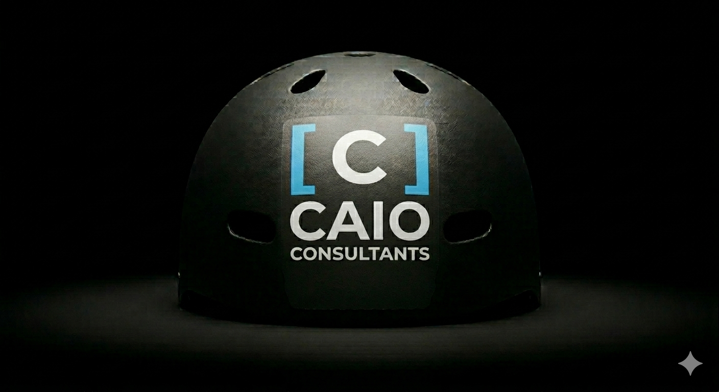 CAIO Consultants branded safety helmet — AI governance and accountability applied to ourselves first — Chief AI Officer consultants who govern their own operations