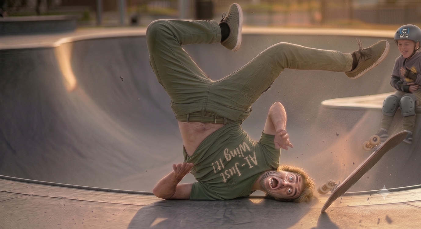 AI governance case studies — skateboarder crashing without protective gear wearing an AI Just Wing It shirt — CAIO Consultants — Chief AI Officer governance