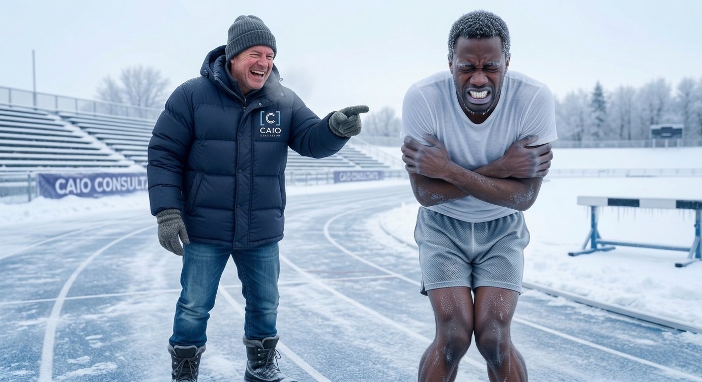 CAIO Consultants advisor warm in a puffer jacket laughing beside a freezing athlete on a snowy track — AI governance keeps you insulated while competitors are left out in the cold