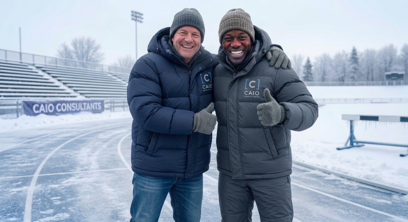 Two CAIO Consultants advisors both warm and insulated in matching branded puffer jackets on a snowy track — get insulated from the AI compliance winter ahead with expert governance leadership